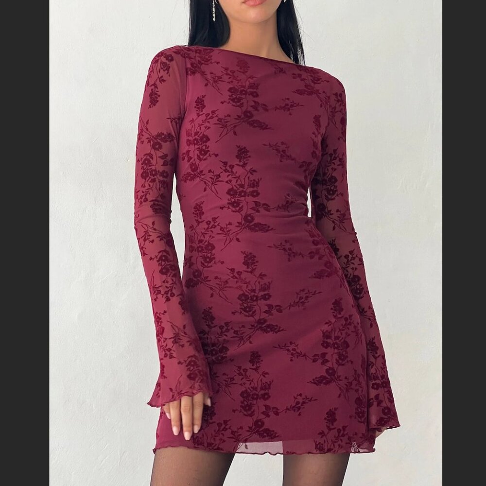 Motel Rocks Sevila Long Sleeve Mini Dress in Flocked Botanical Flower Maroon